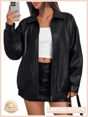 Oversized Vegan Leather Moto Bomber Jacket Zip-Up Fall Winter Coat